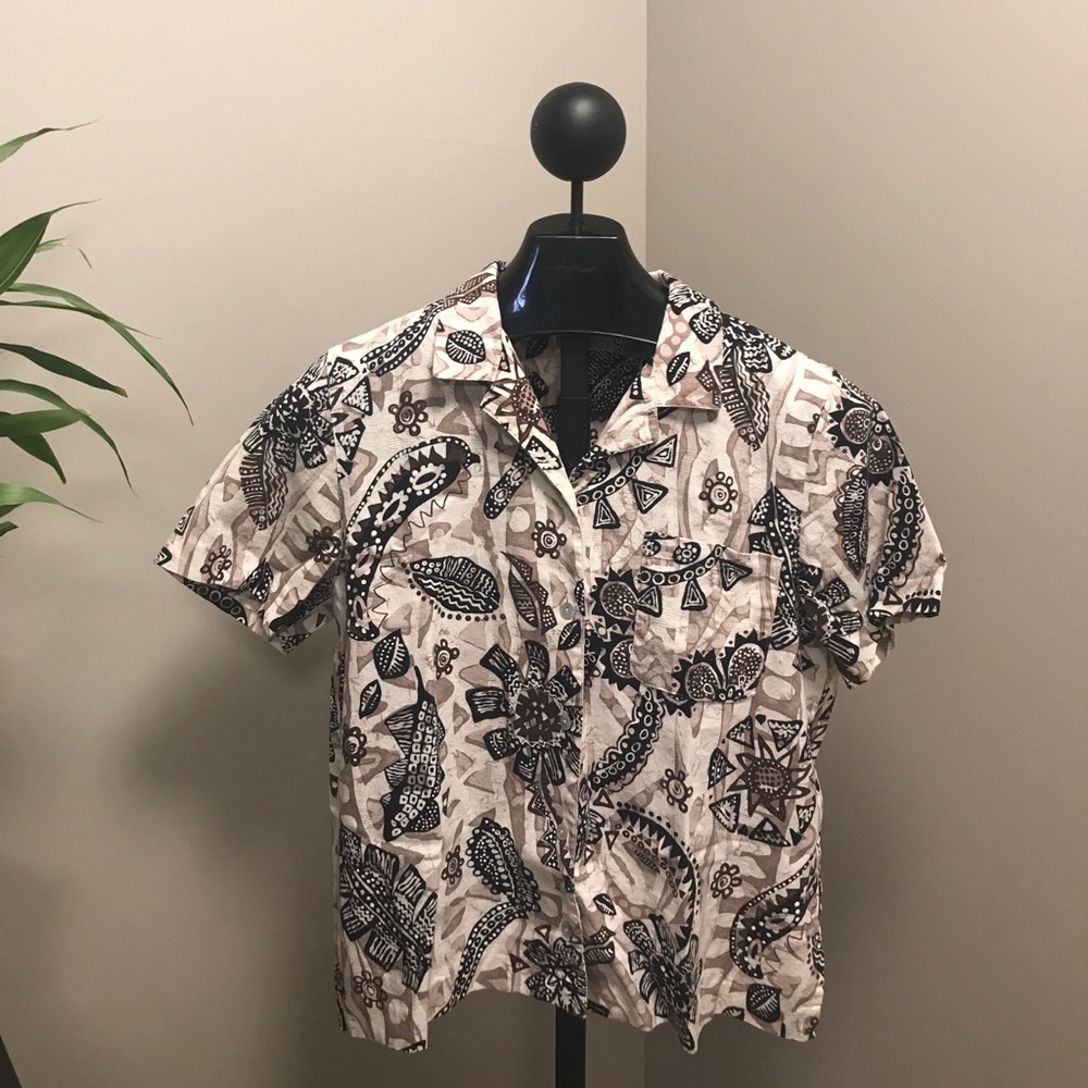 Alfred Dunner brown linen blend button up shirt short sleeve top women’s